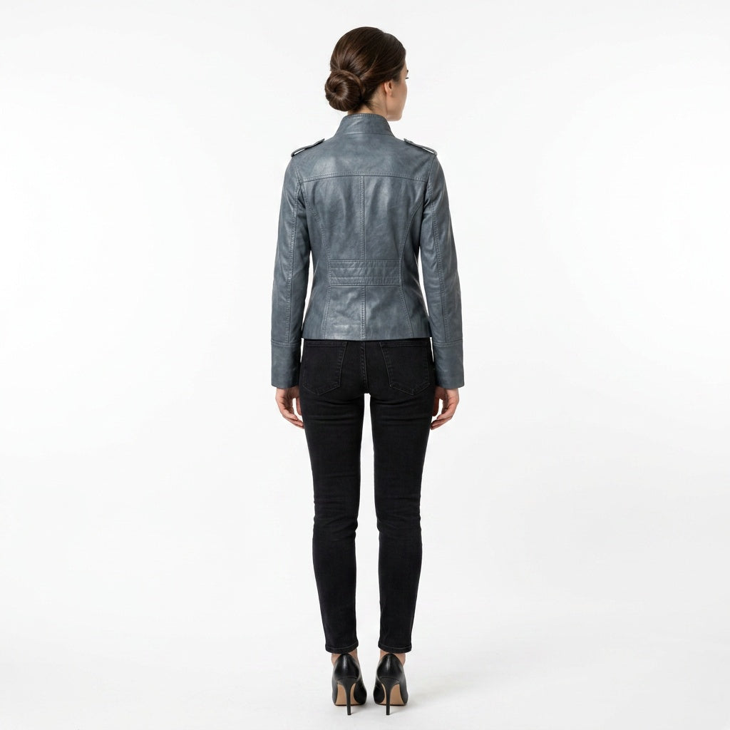 Ladies grey leather jacket.