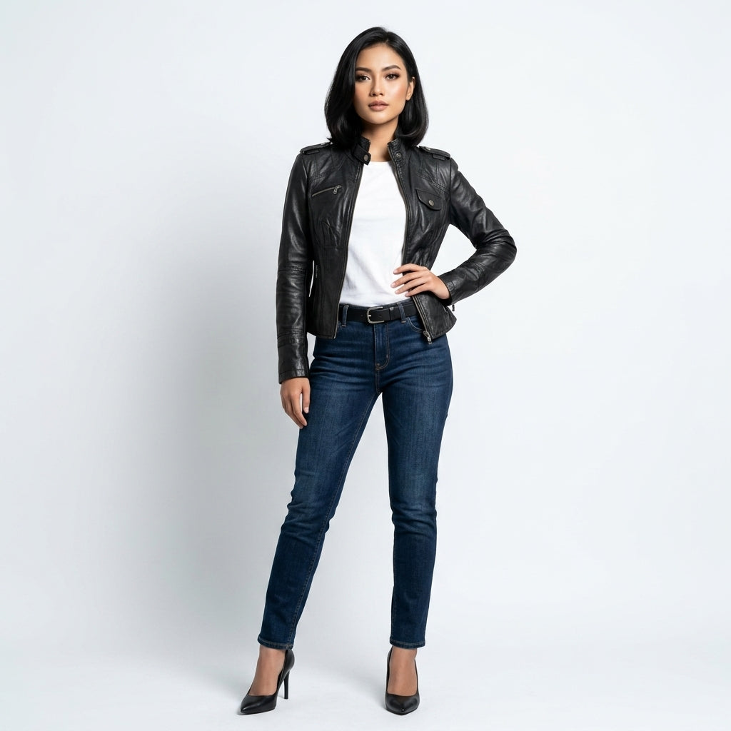 Ladies black leather jacket.