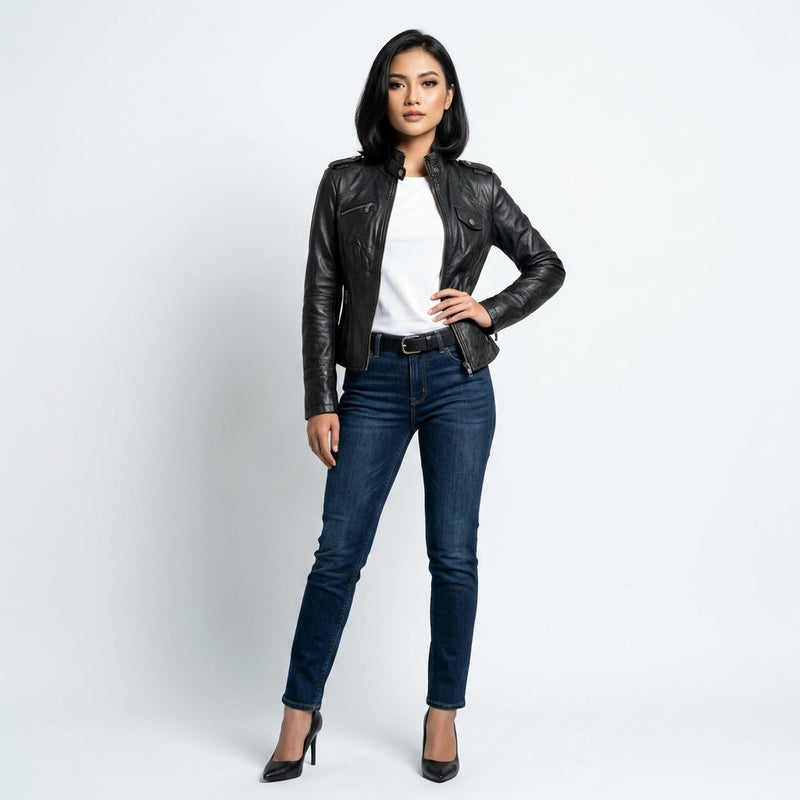 Ladies black leather jacket.