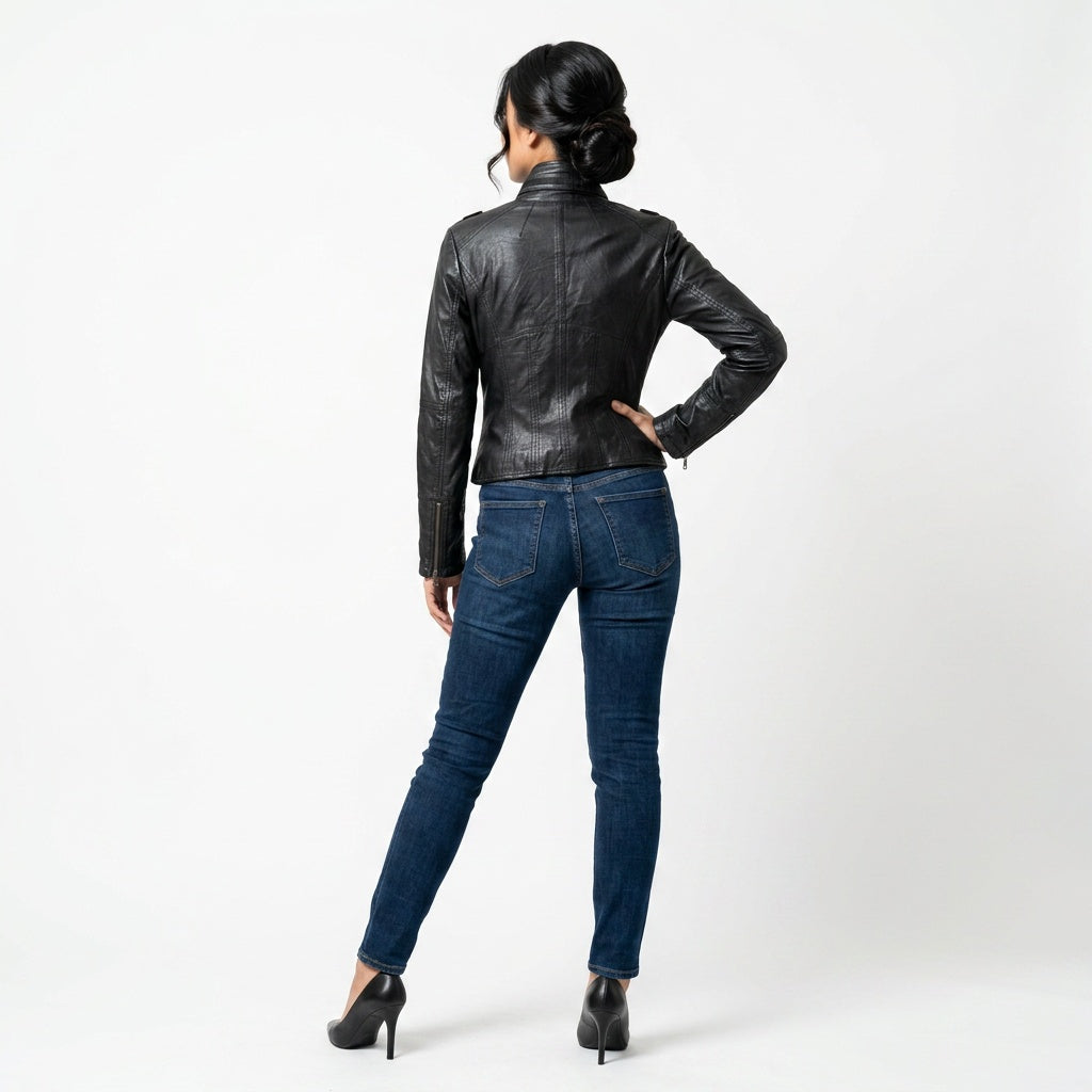Ladies black leather jacket.