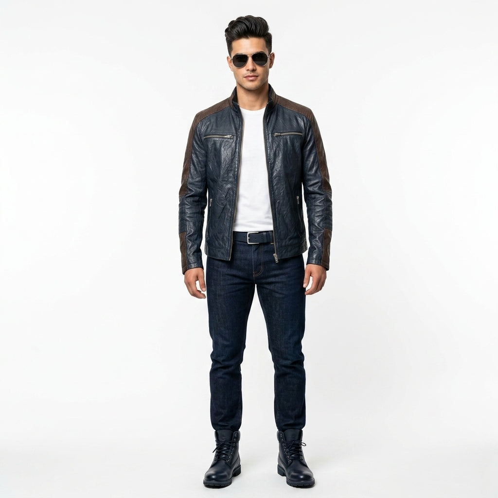 Blue & brown leather jacket for man.