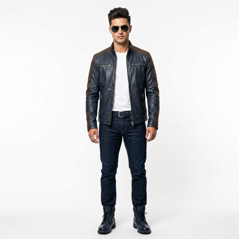 Blue & brown leather jacket for man.