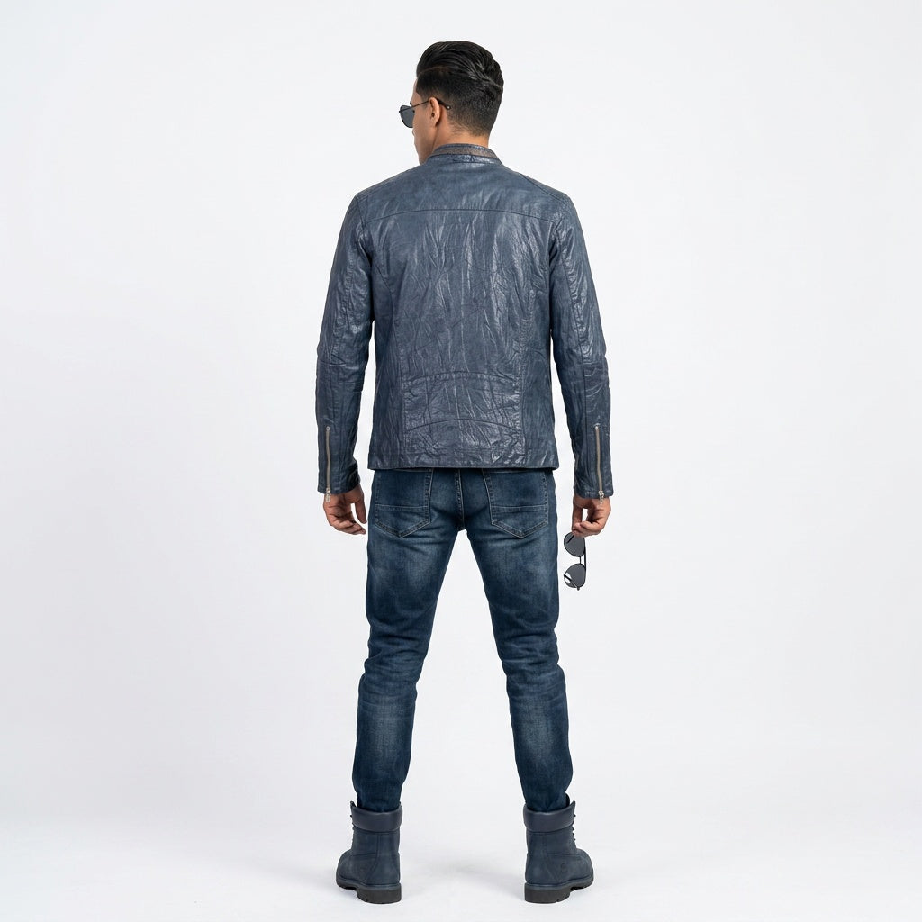 Blue & brown leather jacket for man.