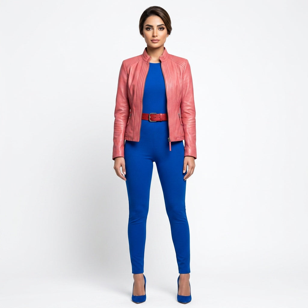 Ladies red leather jacket.