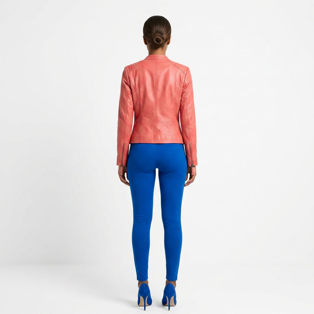 Ladies red leather jacket.