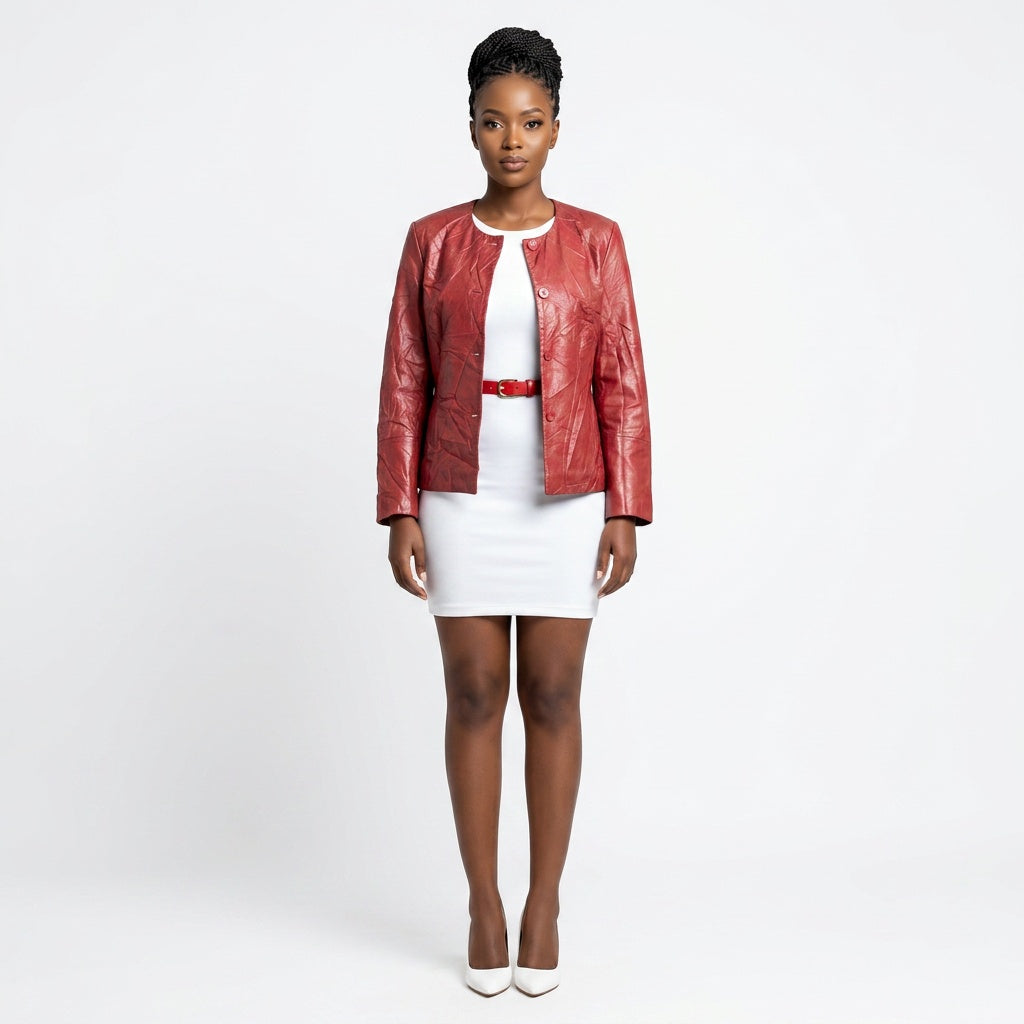 Ladies red leather jacket.