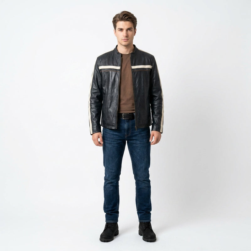 Black, brown & beige leather jacket for man.