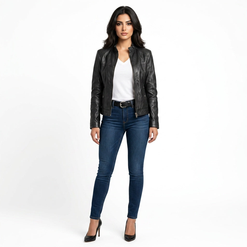 Ladies black leather jacket.