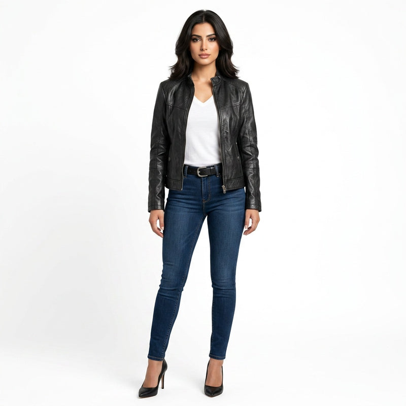 Ladies black leather jacket.