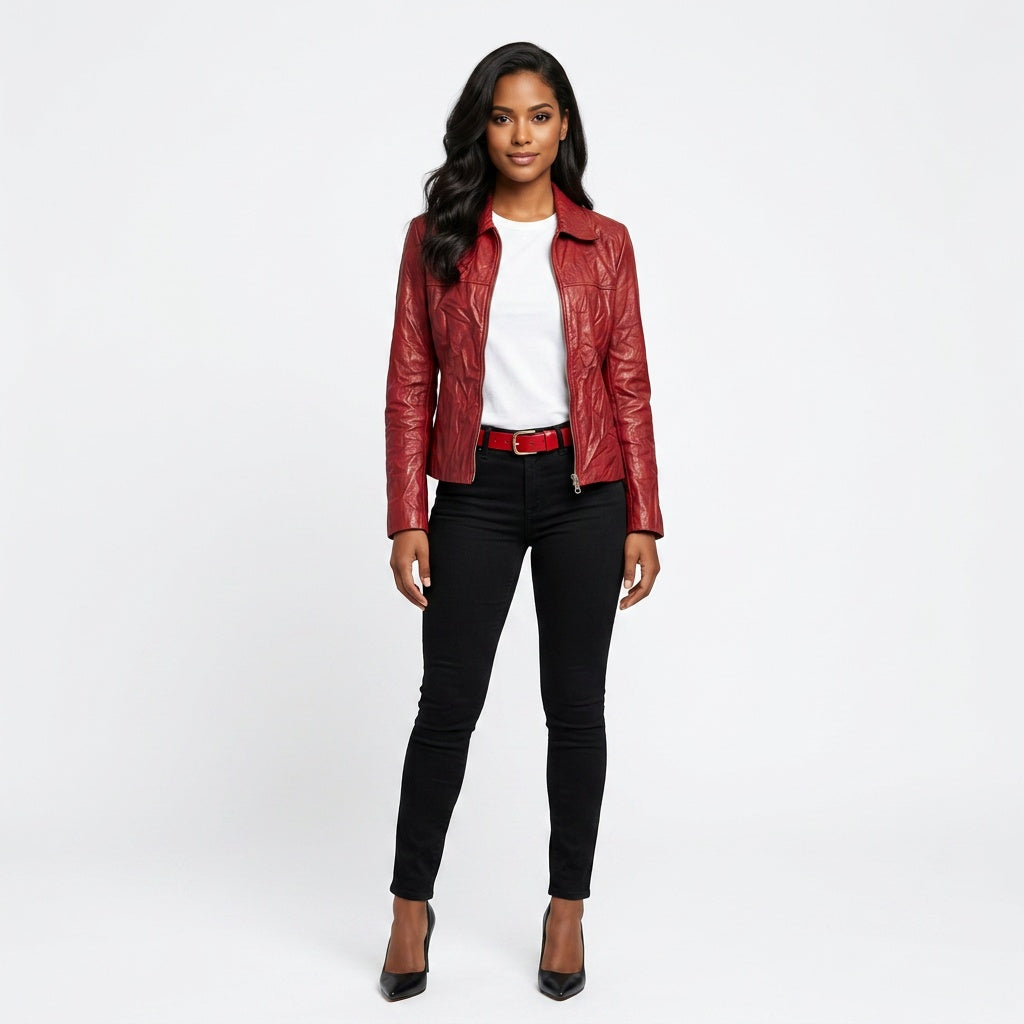 Ladies red leather jacket