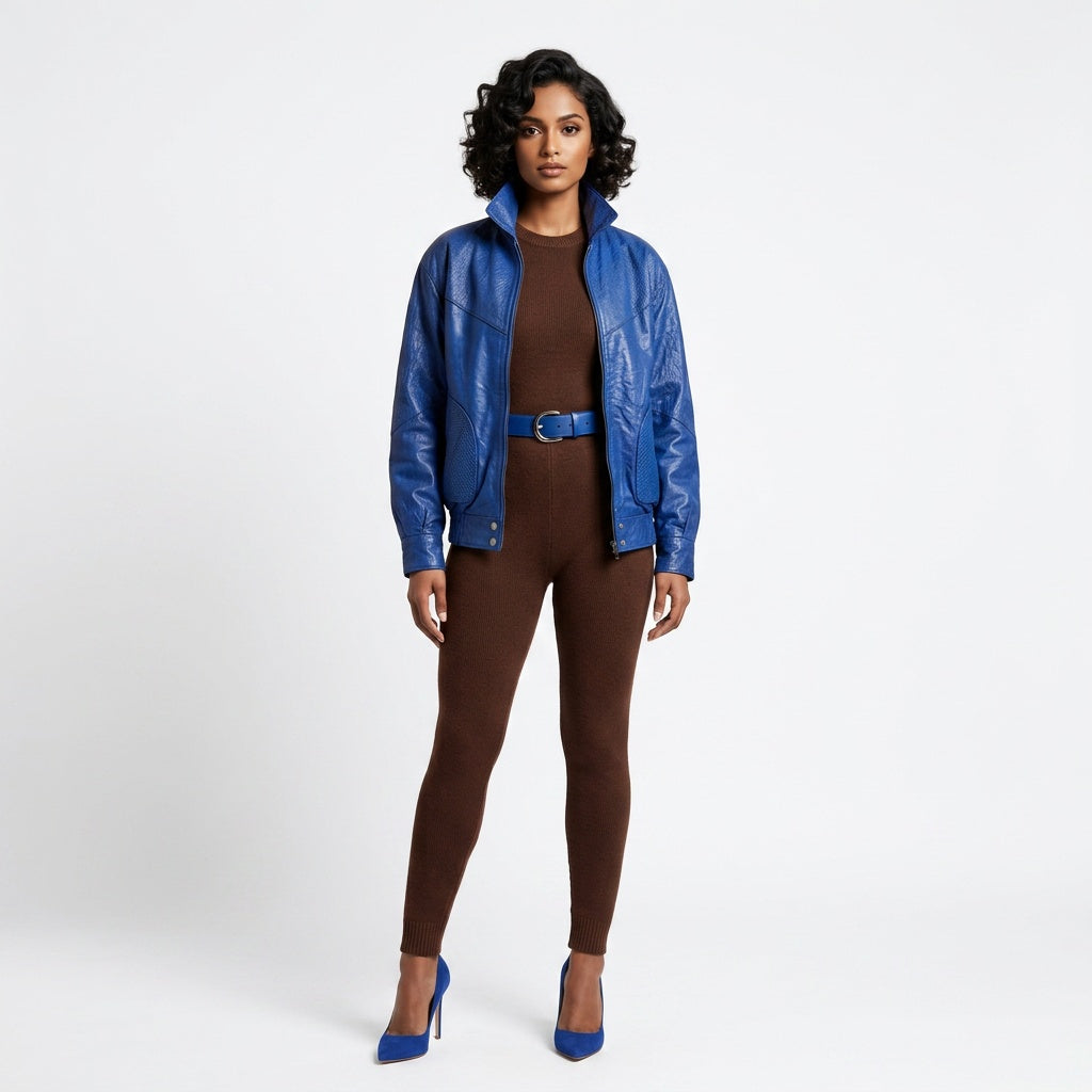 Ladies blue leather jacket.