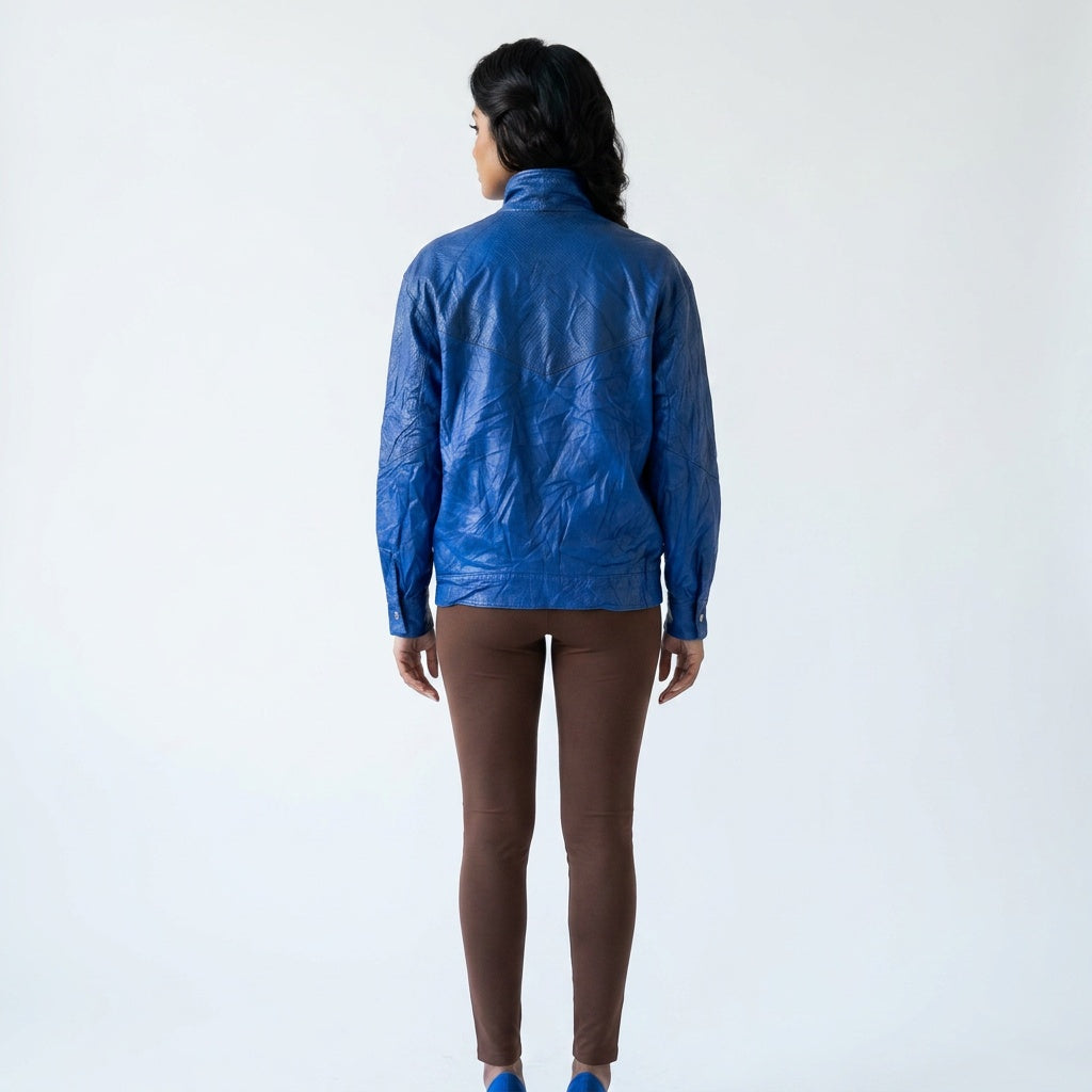 Ladies blue leather jacket.