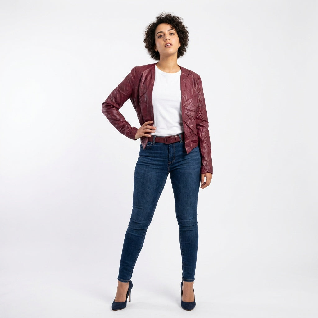 Ladies burgundy leather jacket.