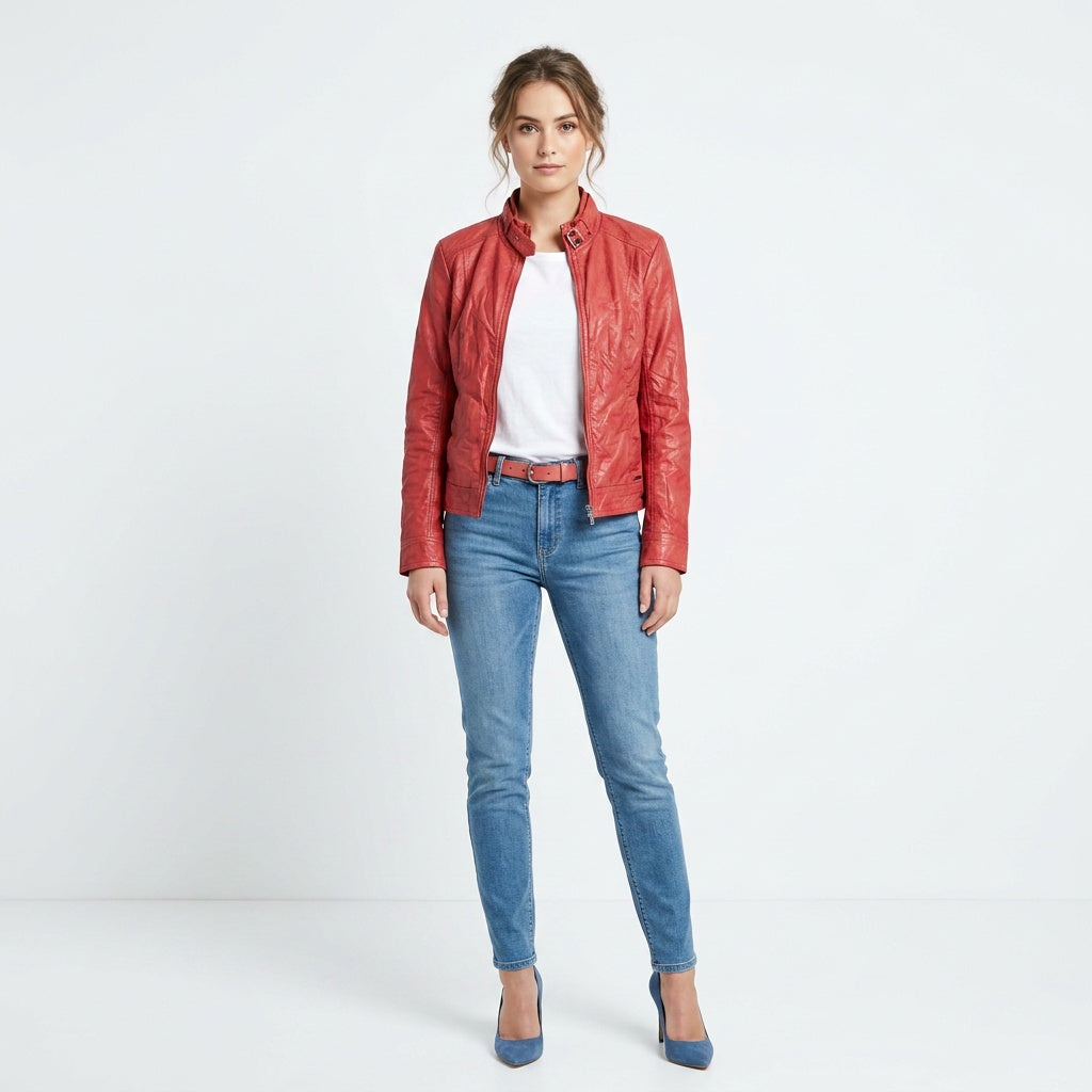 Ladies red leather jacket.