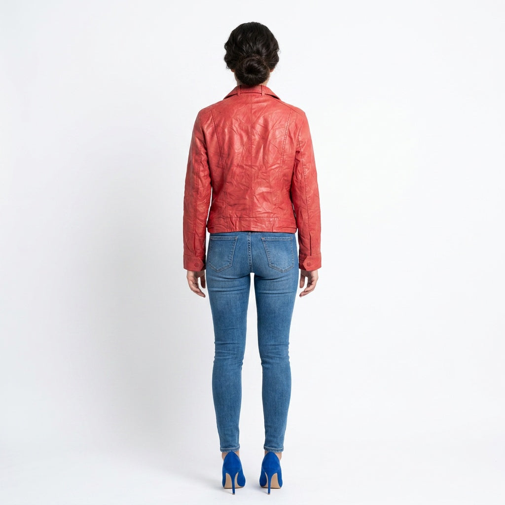 Ladies red leather jacket.