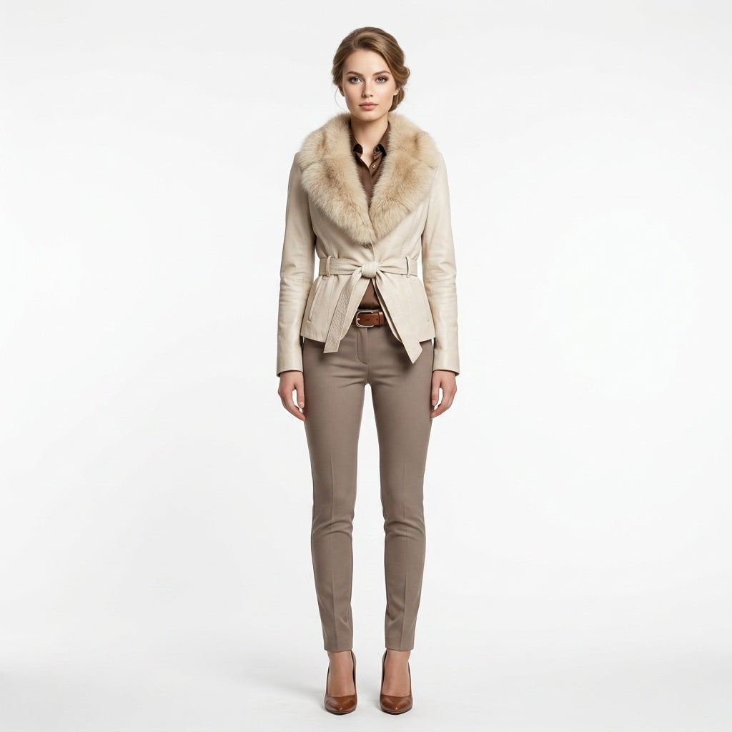 Ladies beige leather jacket.