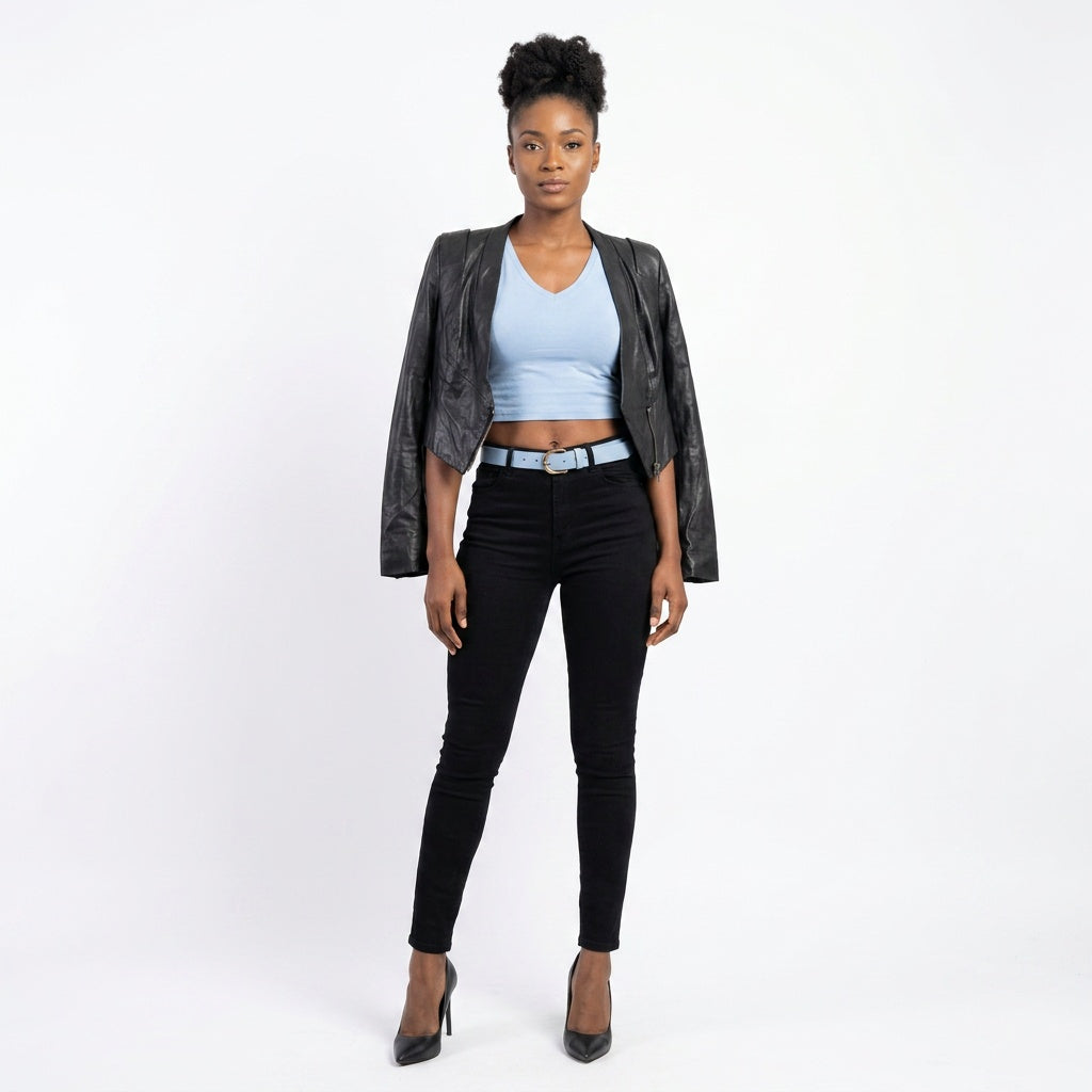 Ladies black leather jacket.