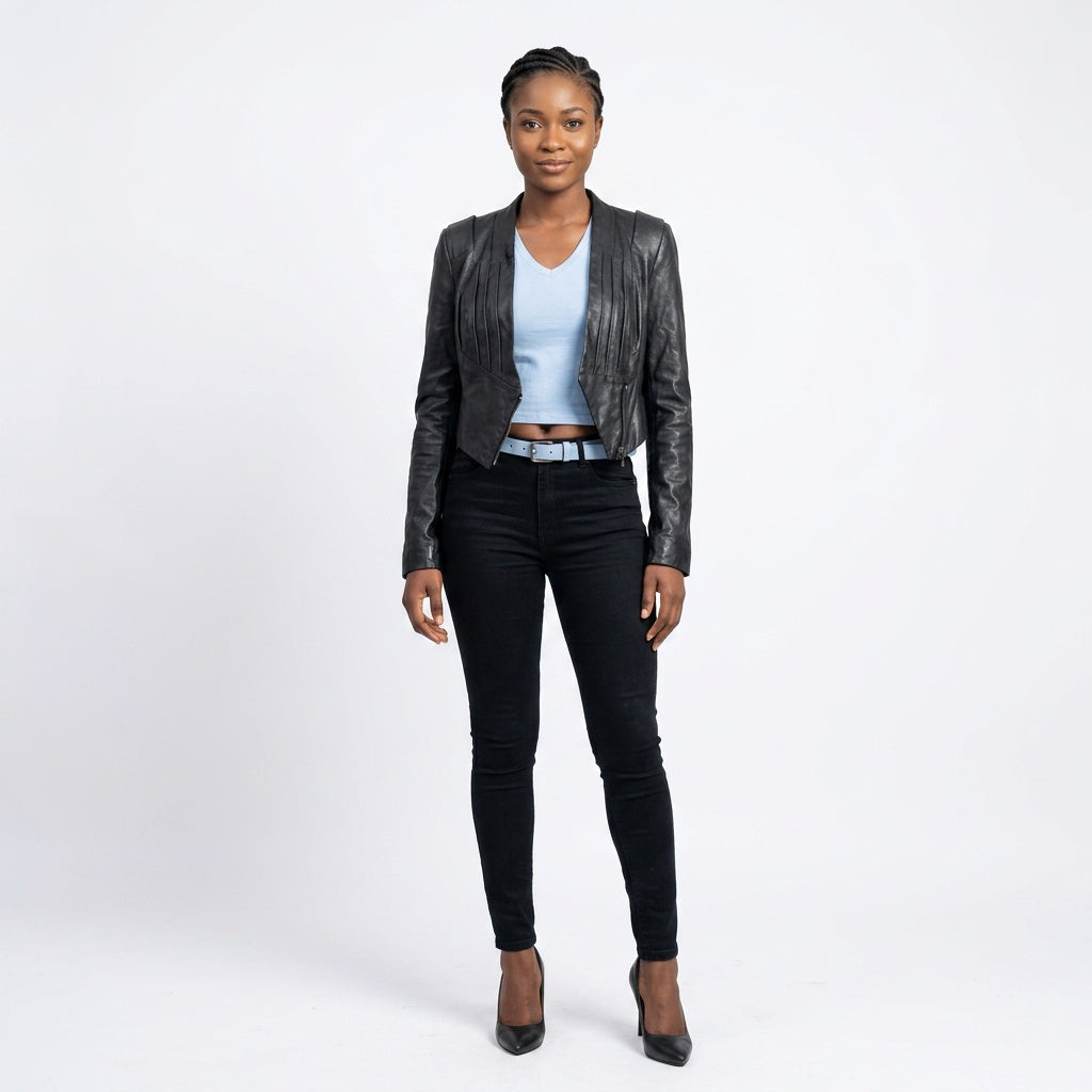 Ladies black leather jacket.