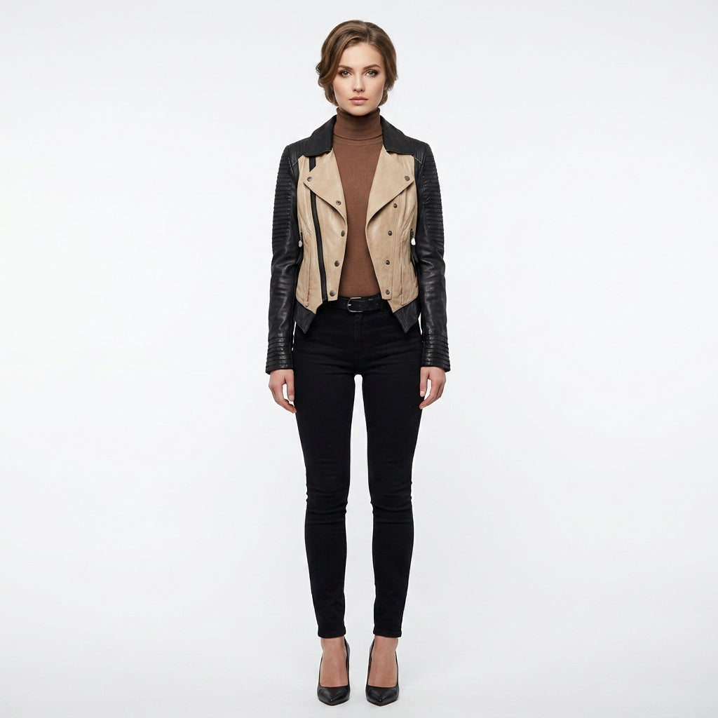 Ladies beige & black leather jacket.