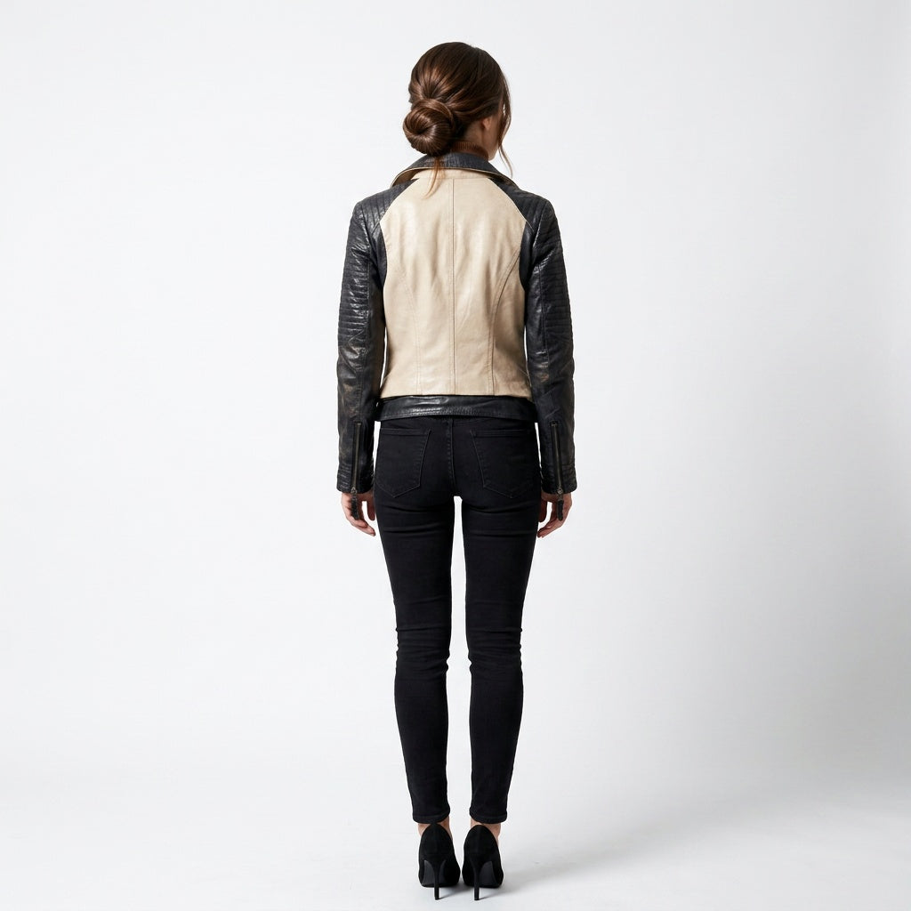 Ladies beige & black leather jacket.