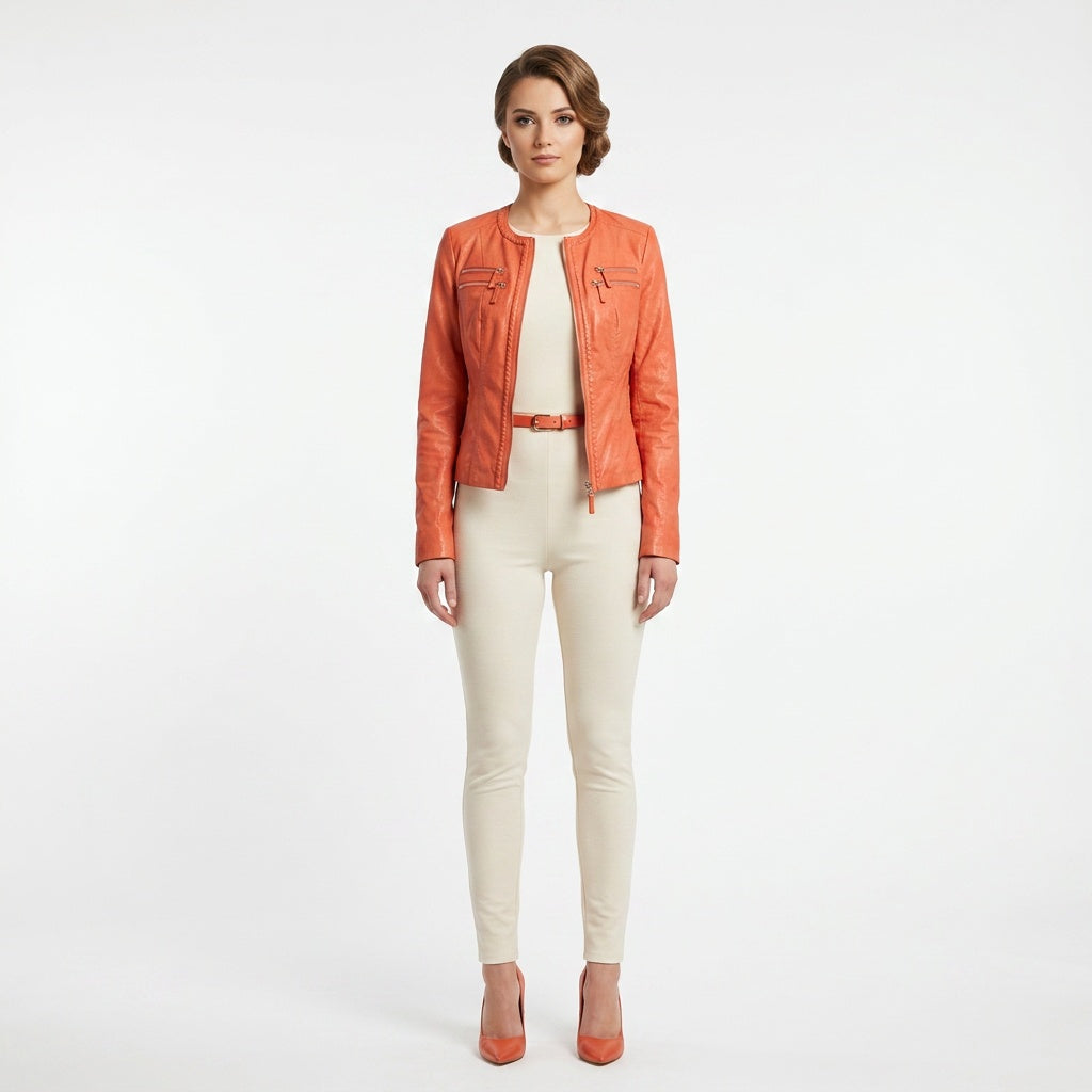 Ladies orange leather jacket.