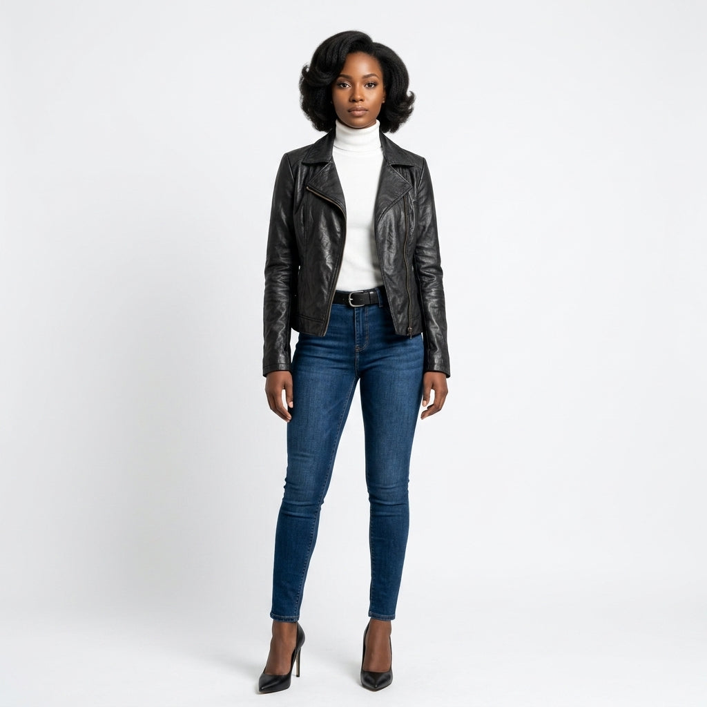 Ladies black leather jacket.