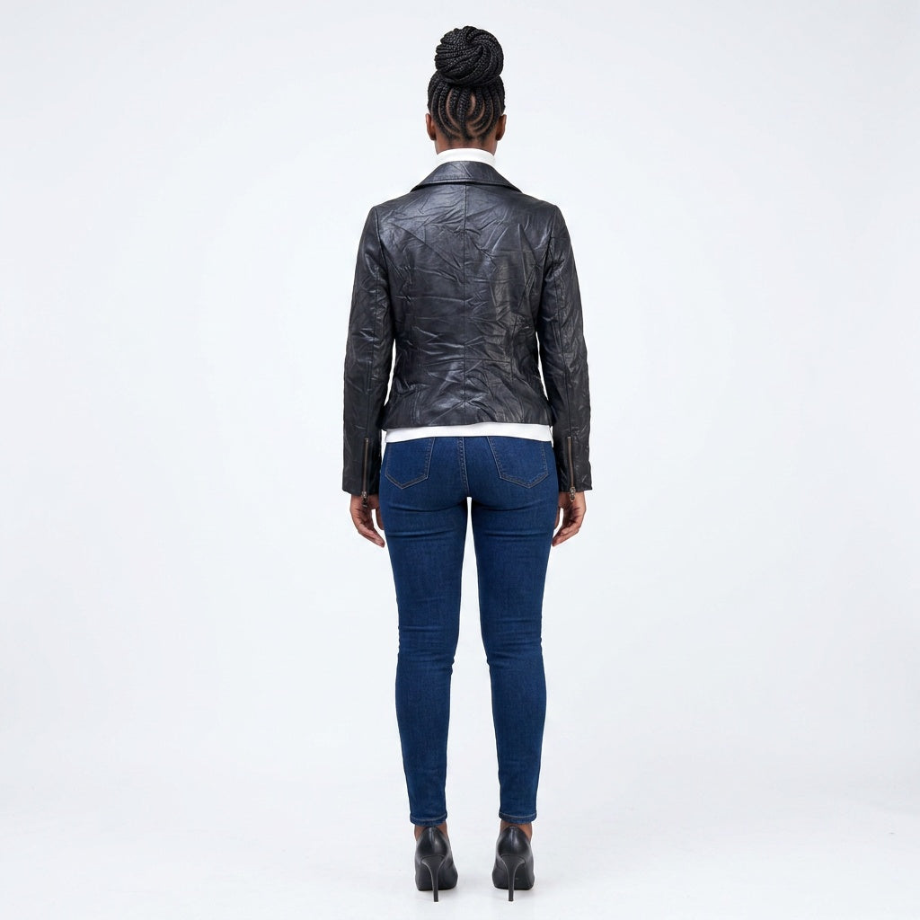 Ladies black leather jacket.