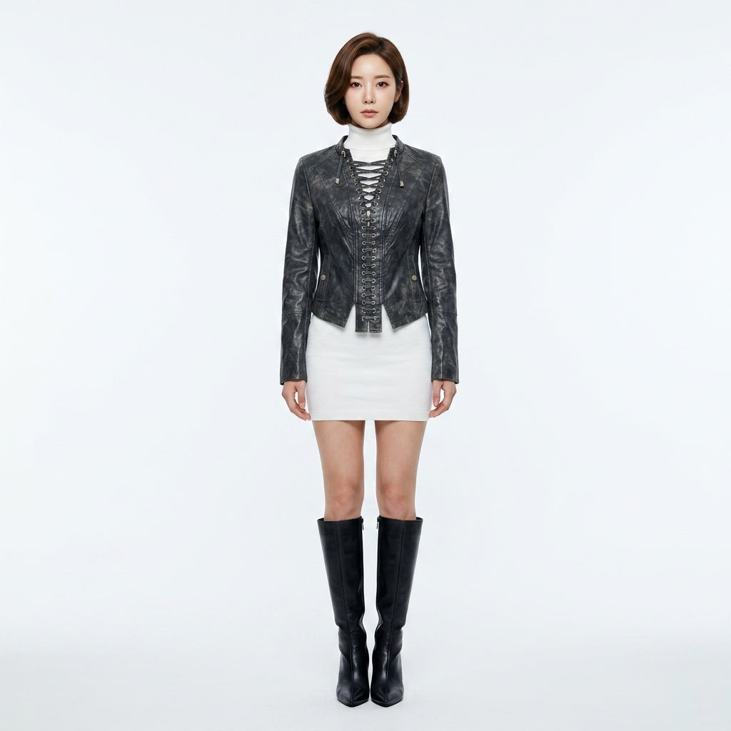Ladies black leather jacket.