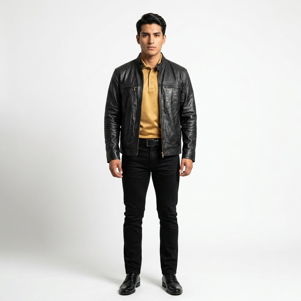 Black leather jacket for men.
