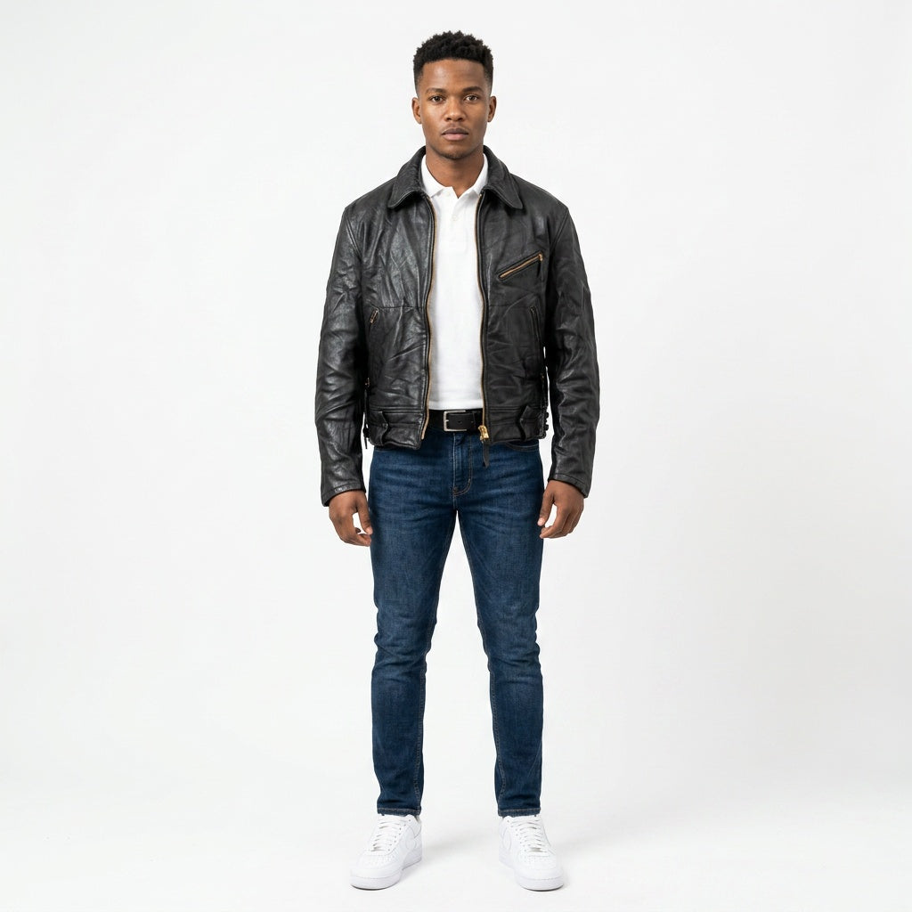 Black leather jacket for men.