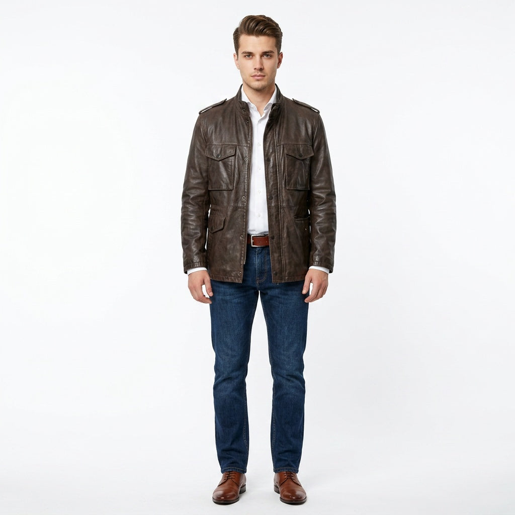 Charcoal brown leather jacket for men.