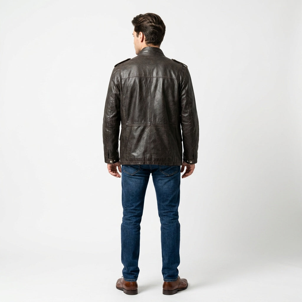 Charcoal brown leather jacket for men.