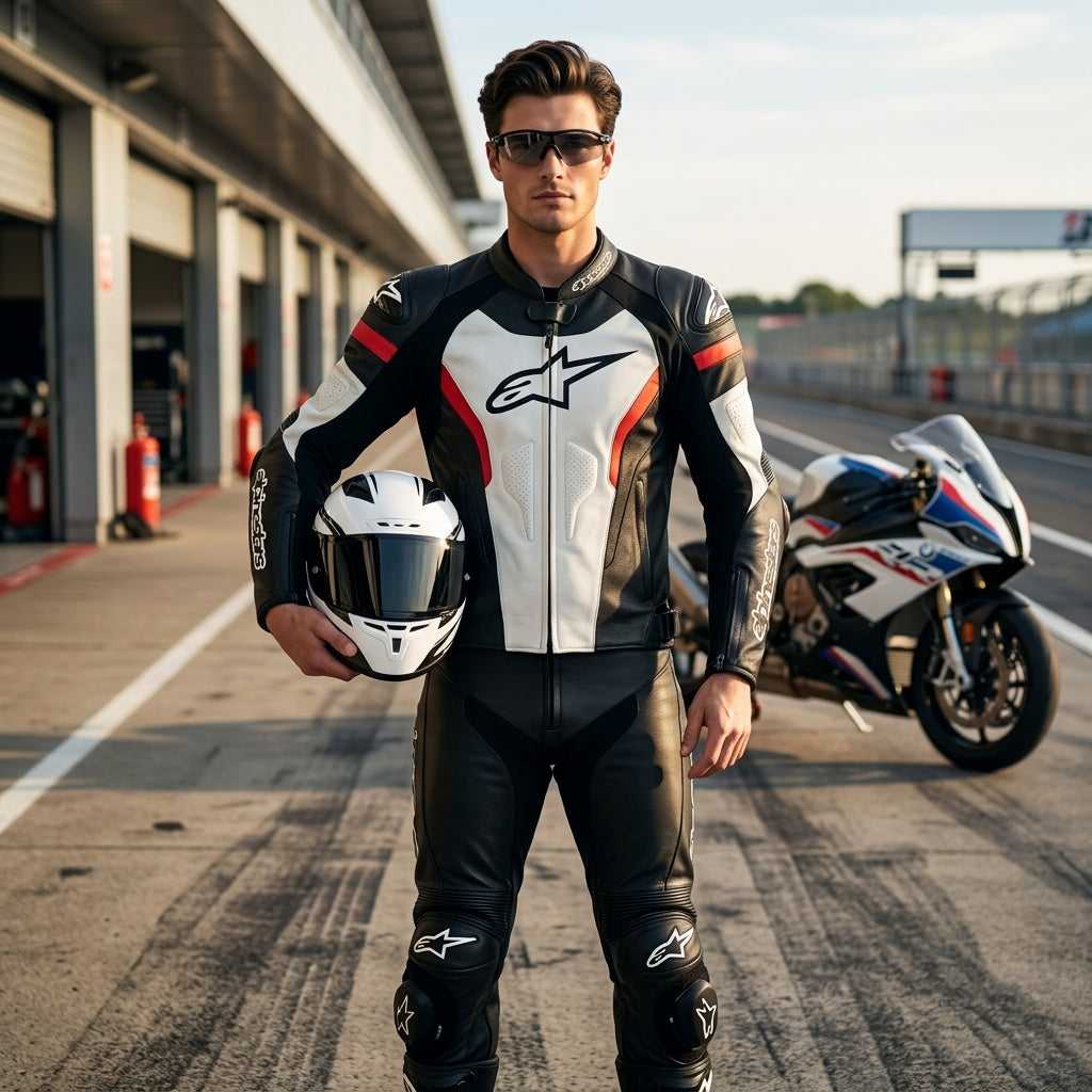 Black, Red & White leather jacket for men.
