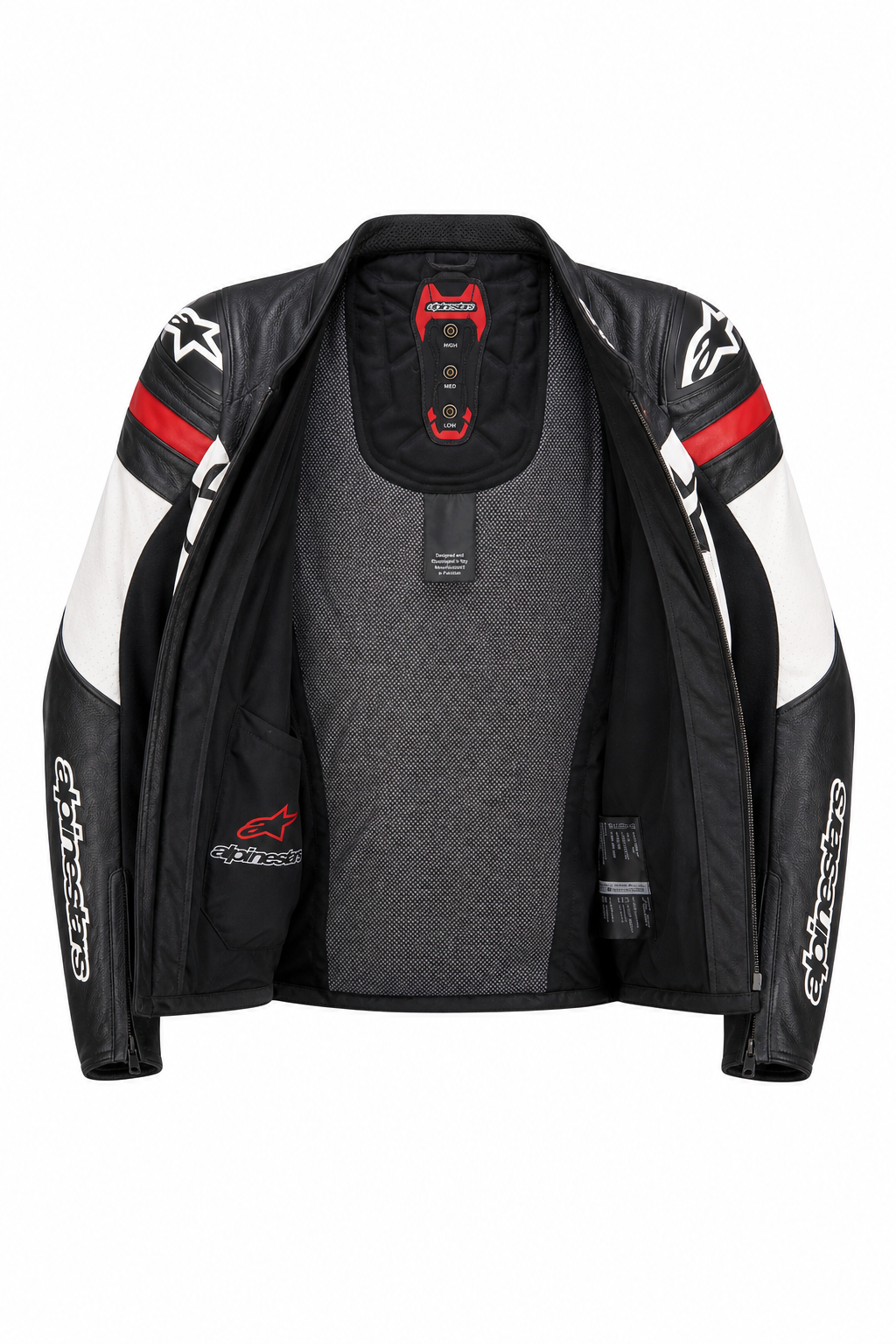 Black, Red & White leather jacket for men.