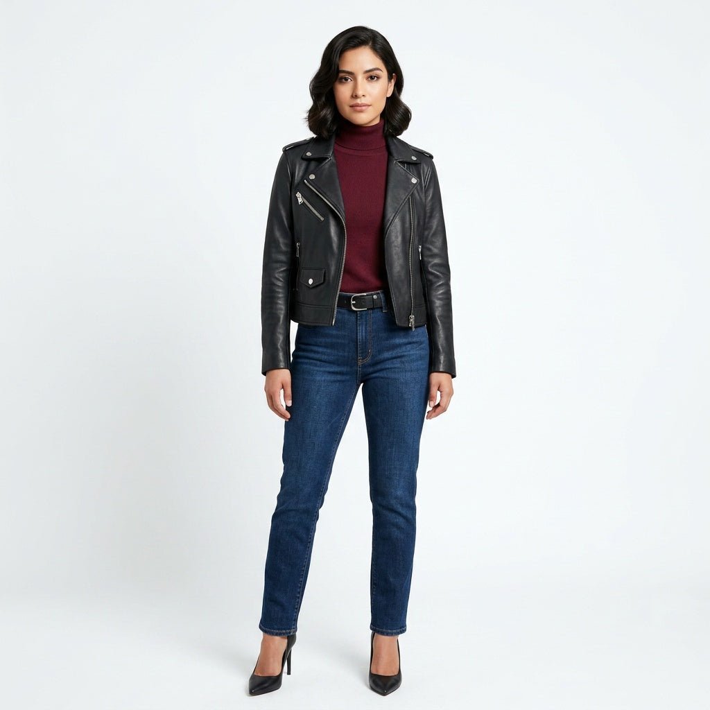 Ladies black leather jacket.