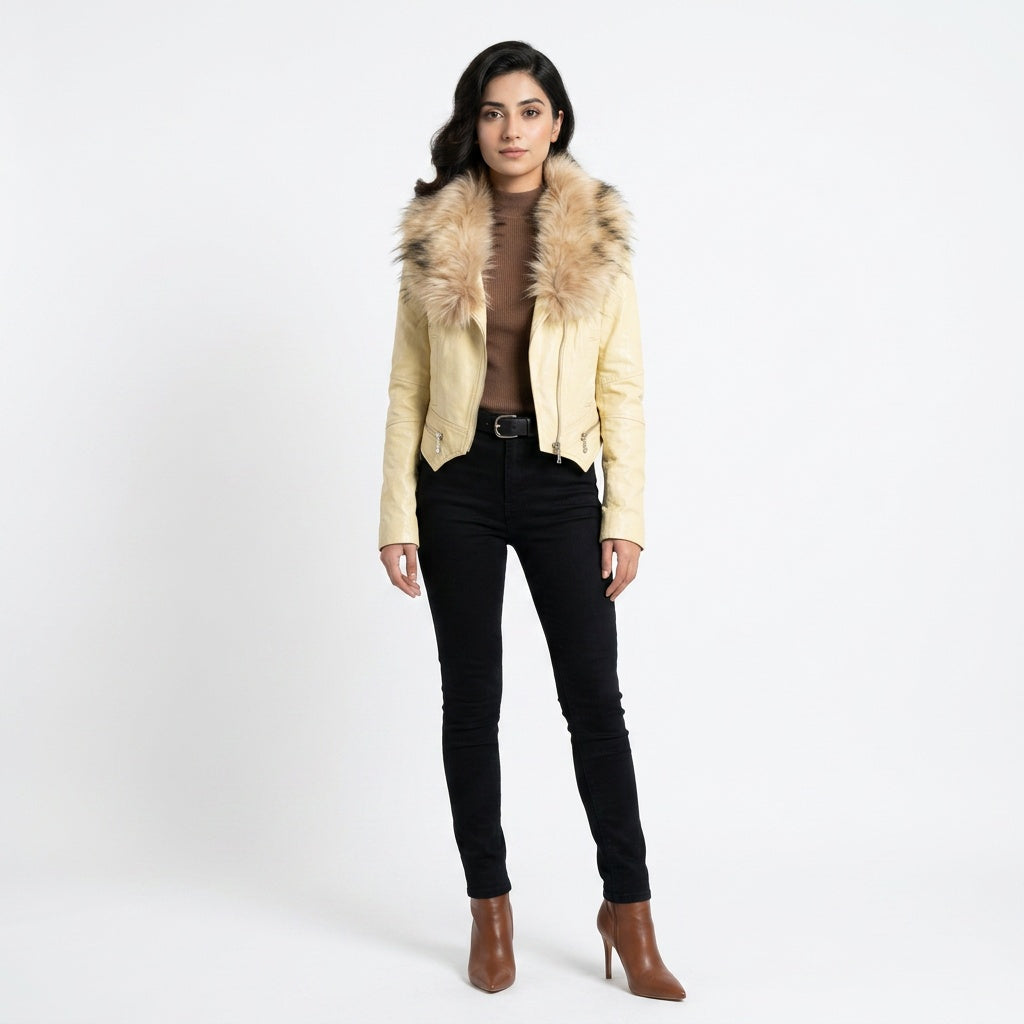 Ladies cream leather jacket.