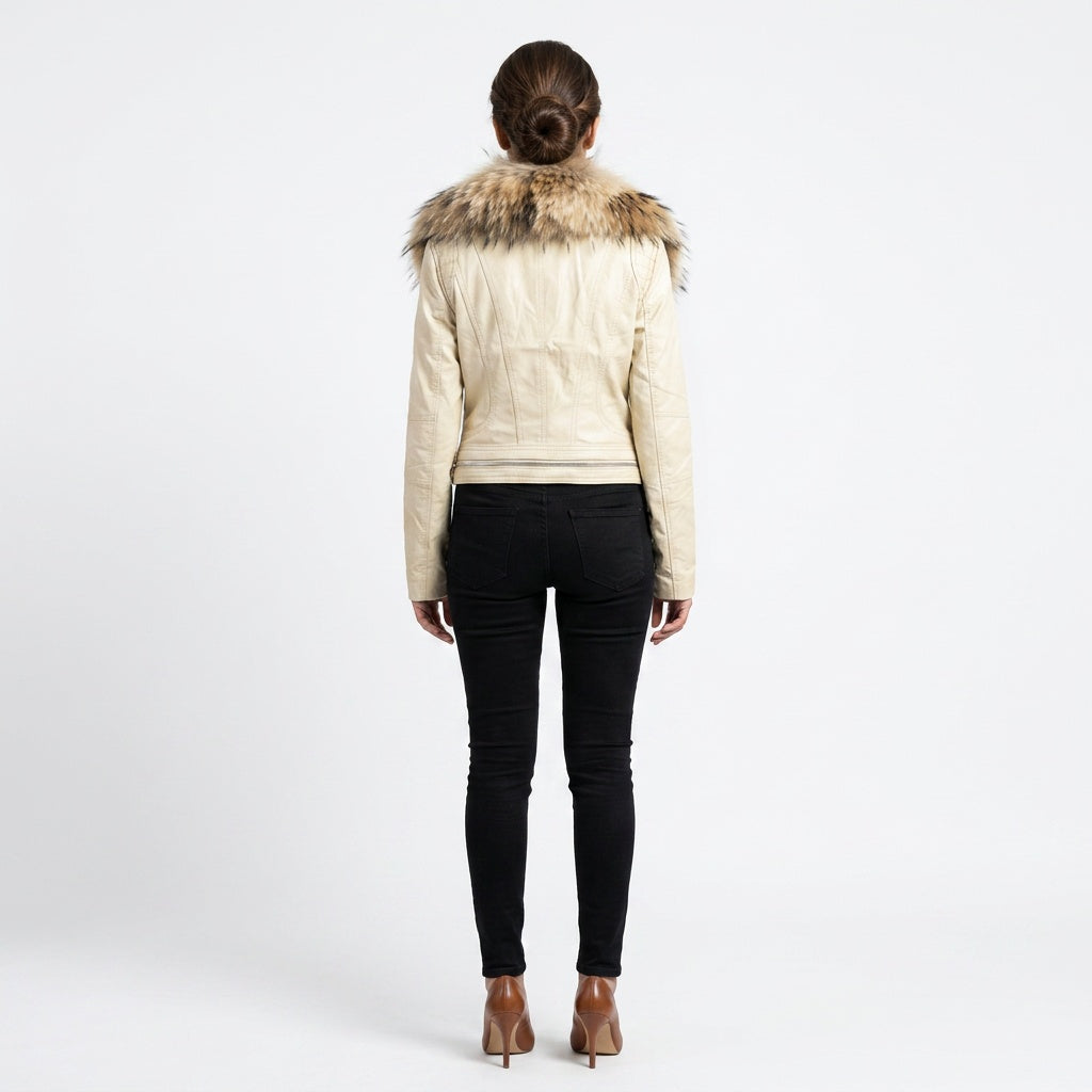 Ladies cream leather jacket.