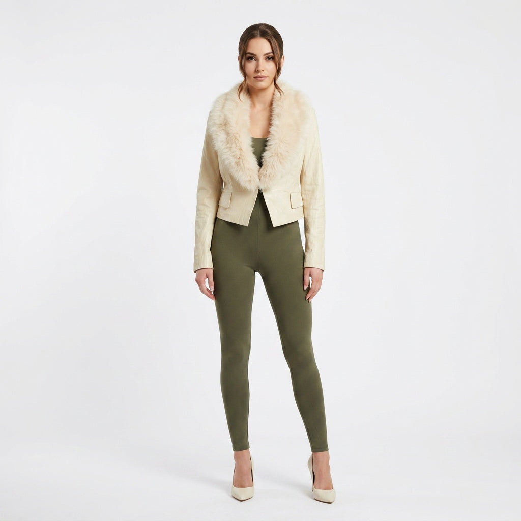 Ladies cream leather jacket.