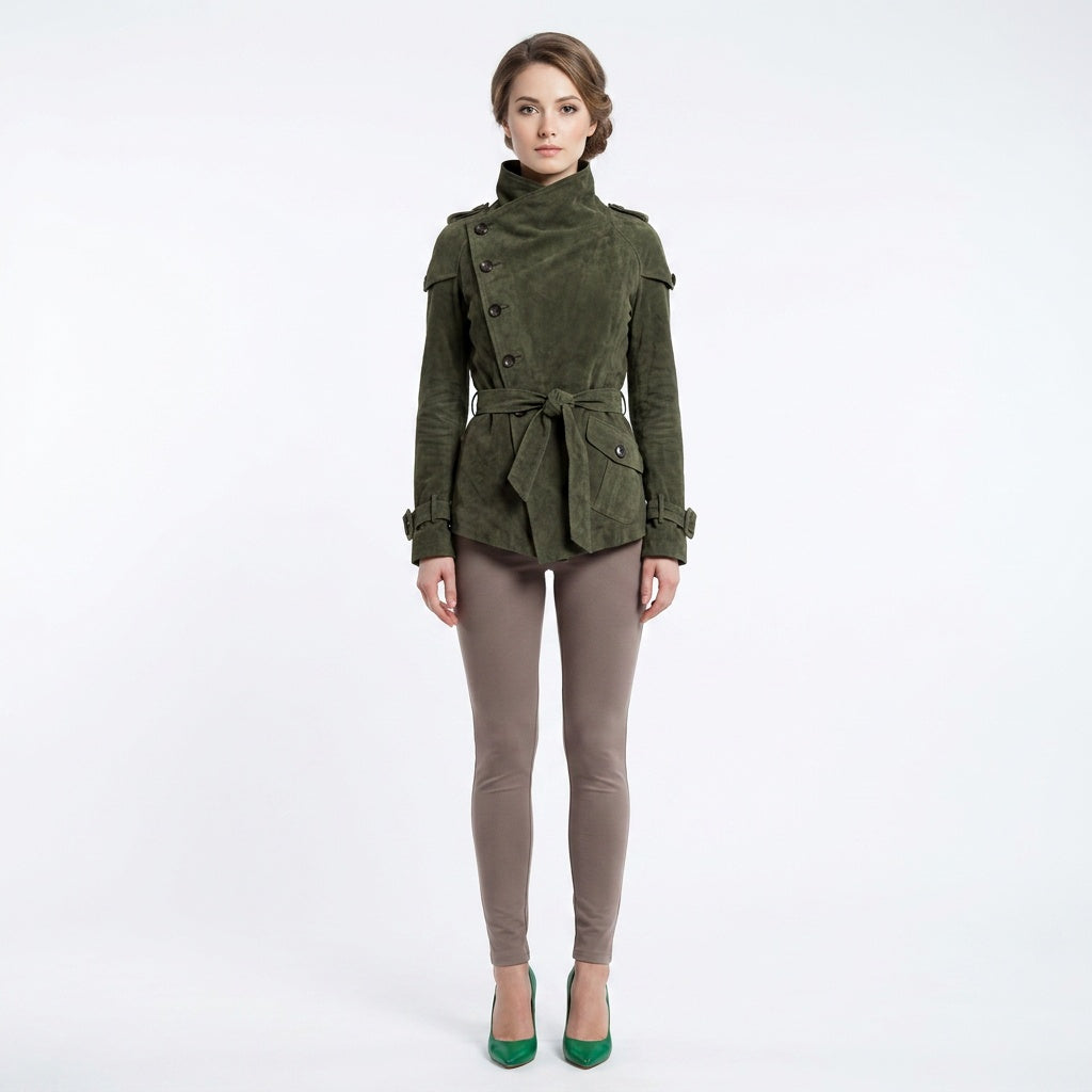 Ladies green leather jacket.