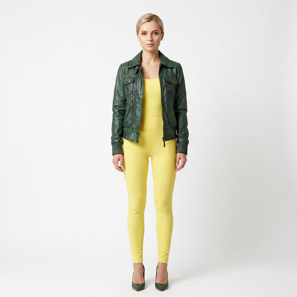 Ladies green leather jacket.