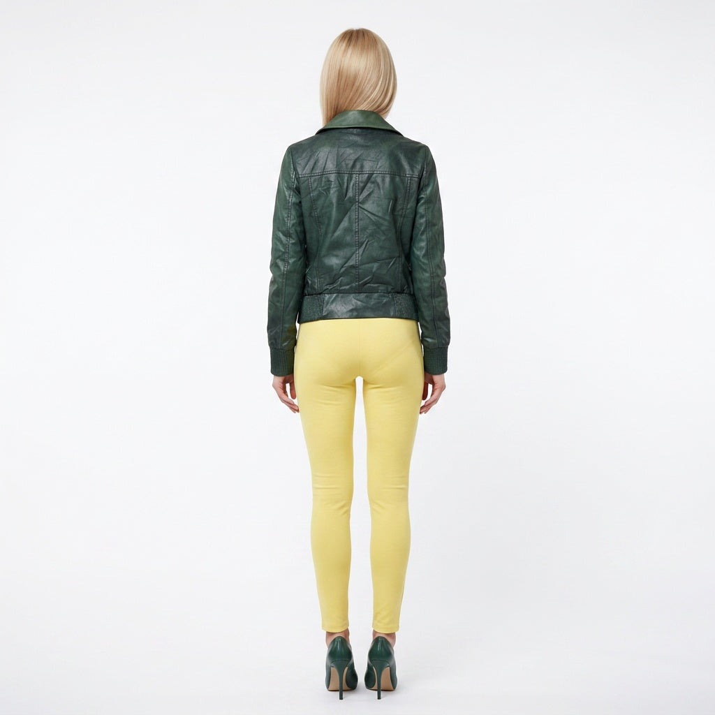 Ladies green leather jacket.
