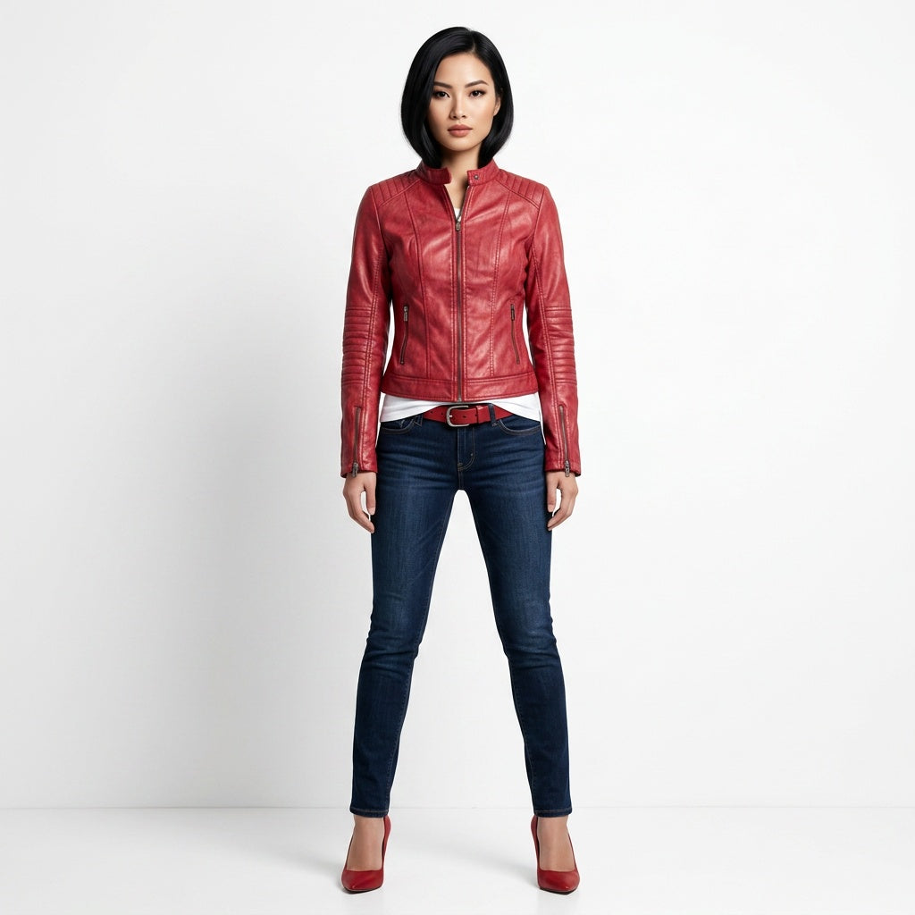 Ladies red leather jacket.