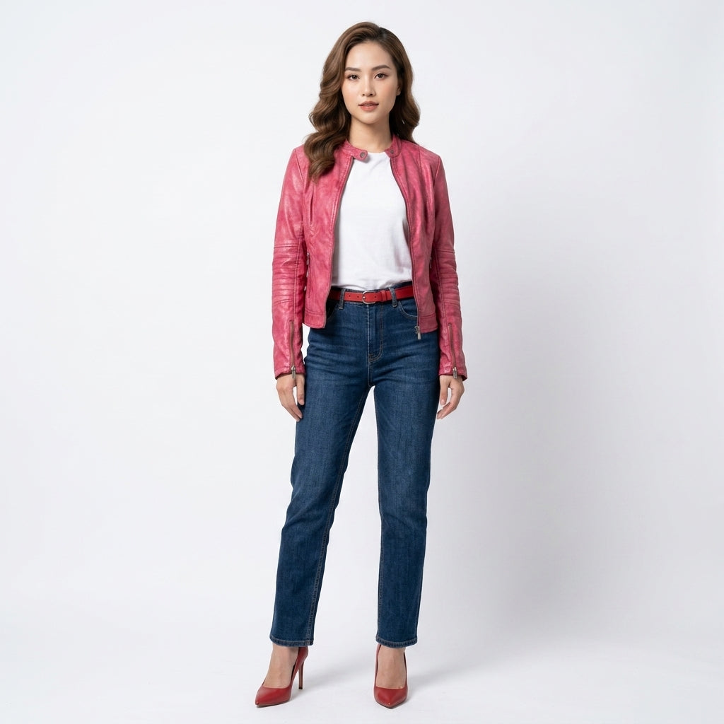 Ladies red leather jacket.