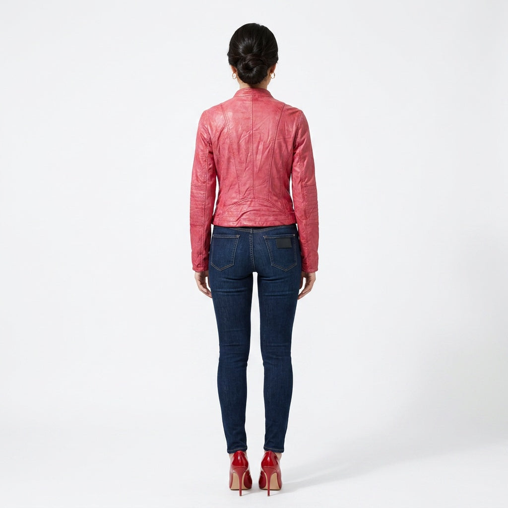 Ladies red leather jacket.