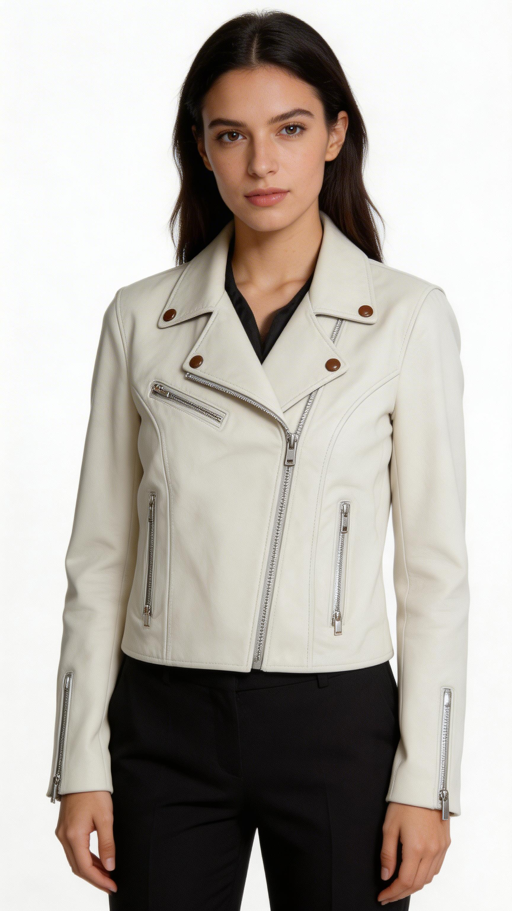White leather Lambskin ladies jacket.
