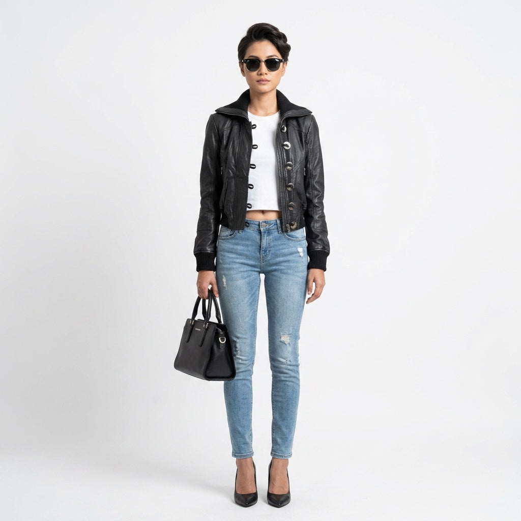 Ladies black leather jacket.