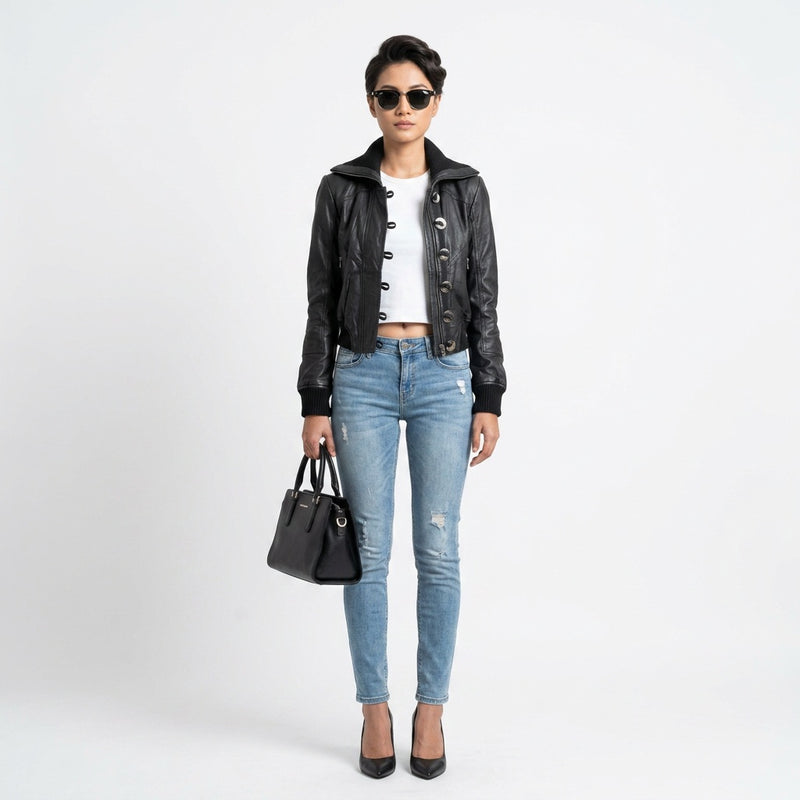 Ladies black leather jacket.