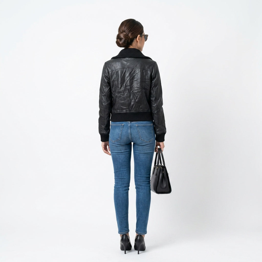 Ladies black leather jacket.