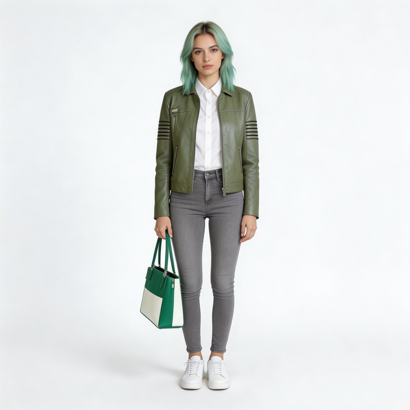 Ladies Green leather jacket.