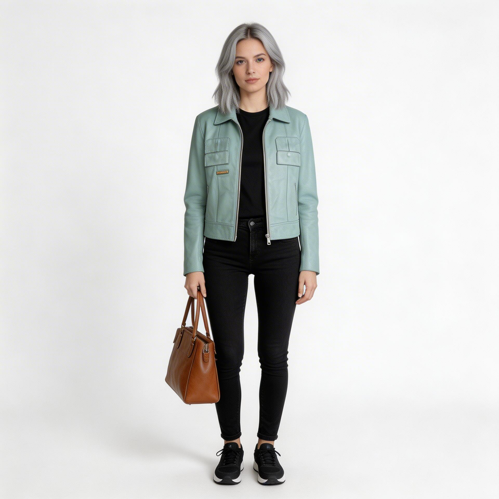 Ladies light green leather jacket.